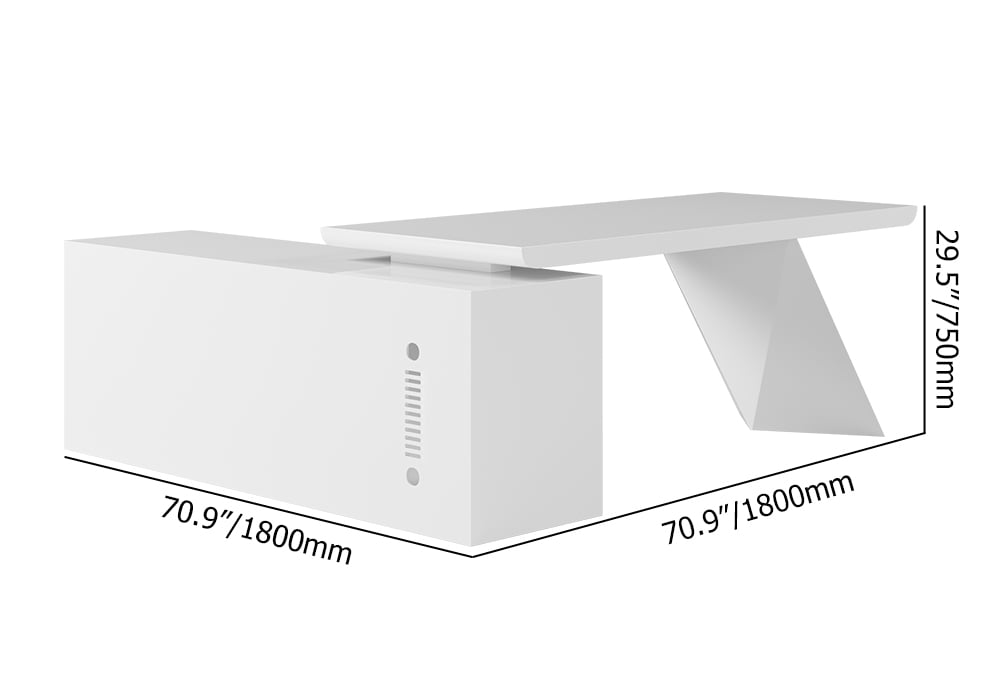 HMR Modern Large L-Shape Executive Desk with Drawers & Cabinet - White, Right Hand, 70.9"