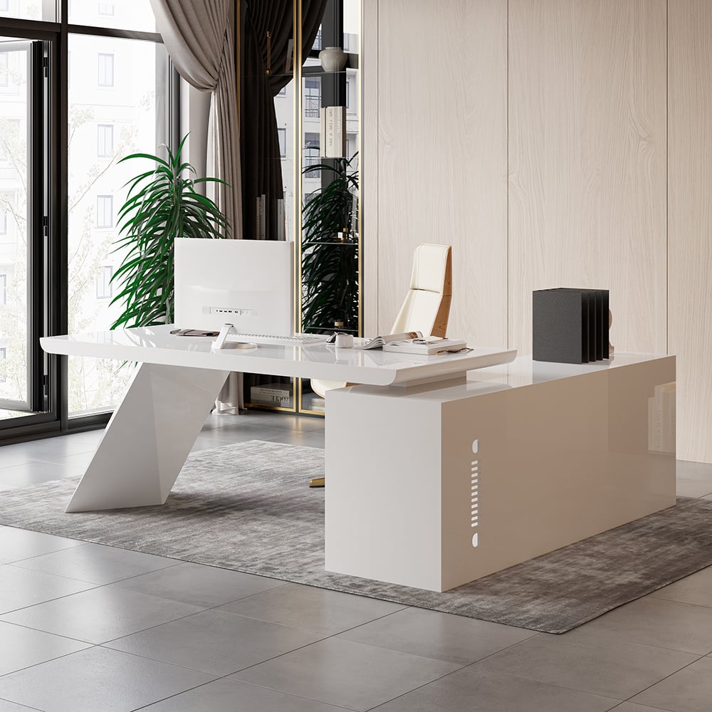 HMR - Modern Large L-Shape Executive Desk with Drawers & Cabinet