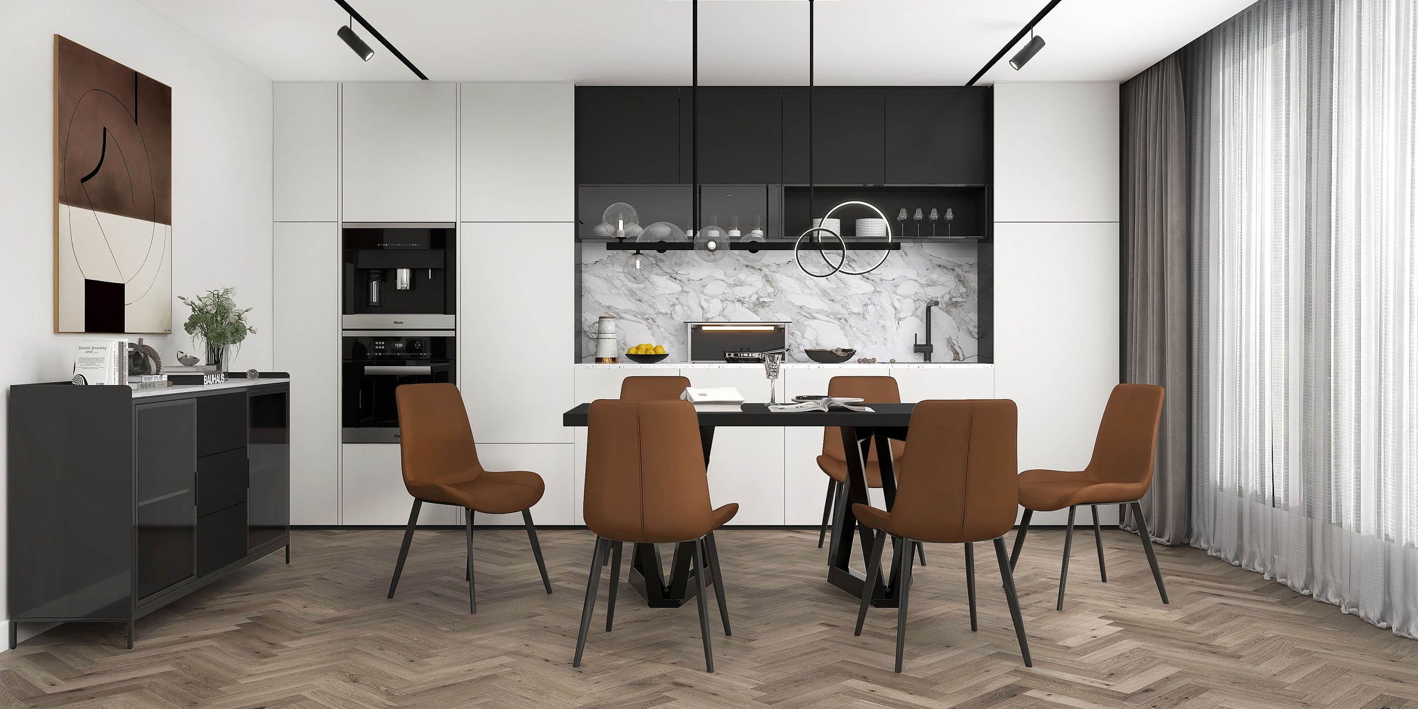 HMR - Bubi Minimalist 5-Light Glass Globe Shade Sputnik Kitchen Island Light Globe Light Black