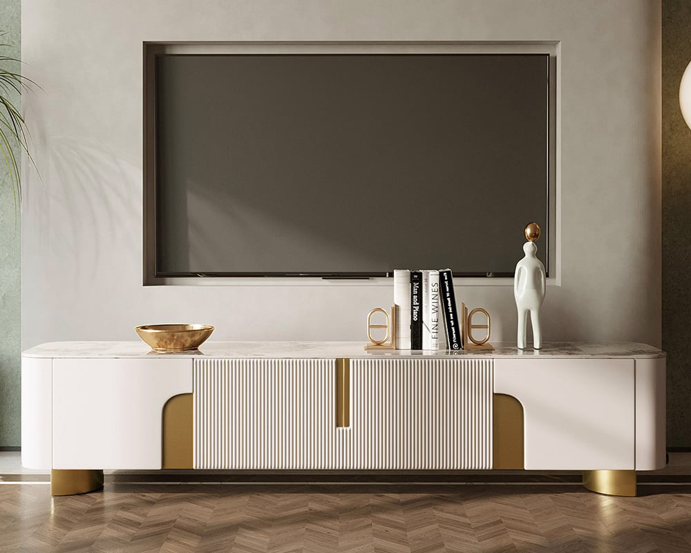 HMR - Artus Modern TV Stand Stone Top 4 Doors with Storage Media Console