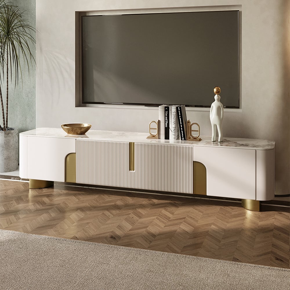 HMR Artus Modern TV Stand Stone Top 4 Doors with Storage Media Console - Beige, 78.7"W x 15.7"D x 20.5"H