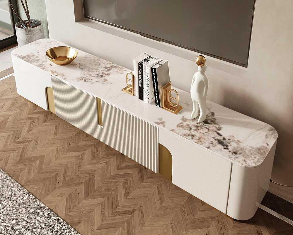 HMR Artus Modern TV Stand Stone Top 4 Doors with Storage Media Console - Beige, 78.7"W x 15.7"D x 20.5"H