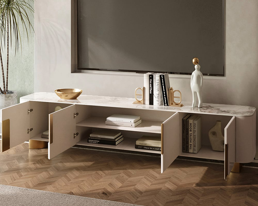 HMR Artus Modern TV Stand Stone Top 4 Doors with Storage Media Console - Beige, 78.7"W x 15.7"D x 20.5"H