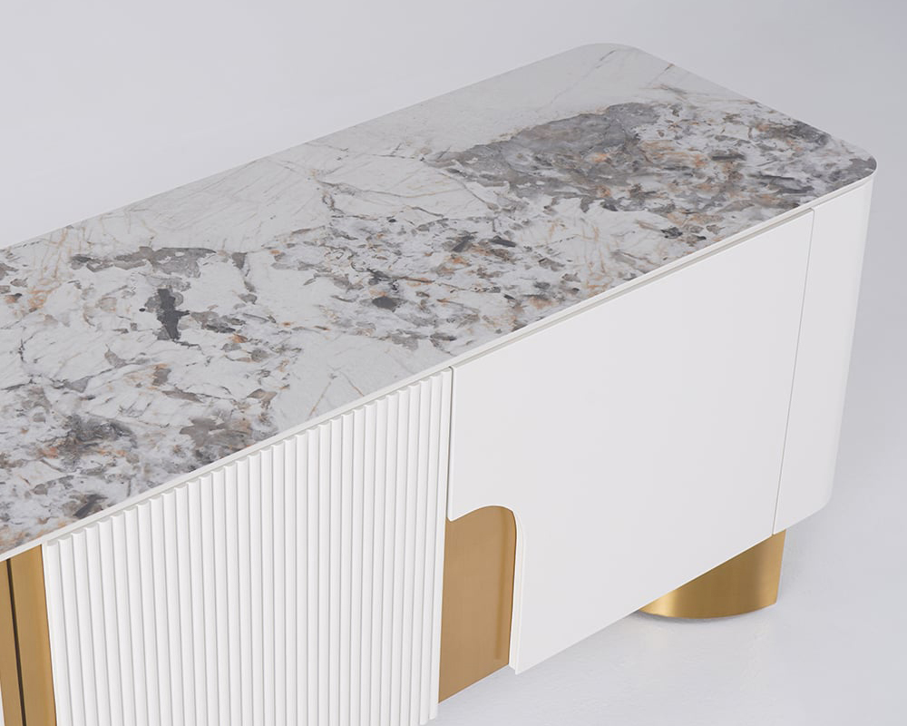 HMR Artus Modern TV Stand Stone Top 4 Doors with Storage Media Console - Beige, 78.7"W x 15.7"D x 20.5"H