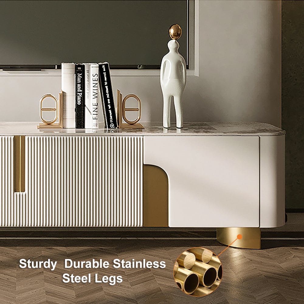 HMR Artus Modern TV Stand Stone Top 4 Doors with Storage Media Console - Beige, 78.7"W x 15.7"D x 20.5"H
