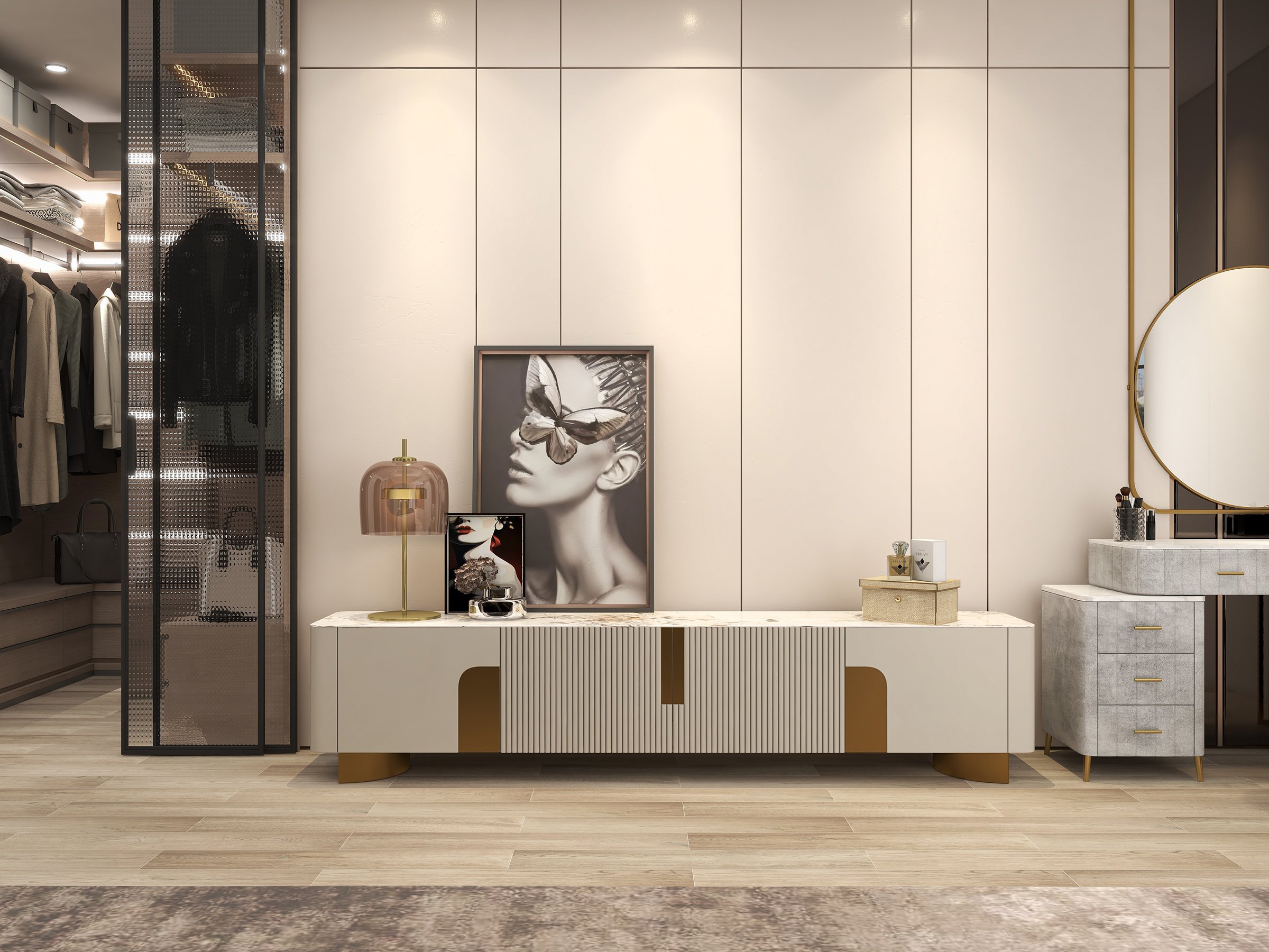 HMR Artus Modern TV Stand Stone Top 4 Doors with Storage Media Console - Beige, 78.7"W x 15.7"D x 20.5"H