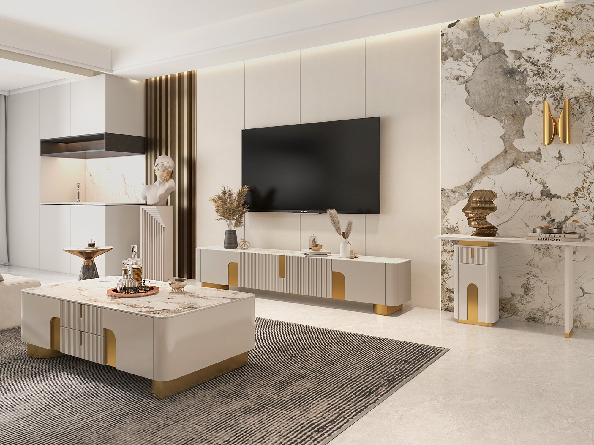HMR Artus Modern TV Stand Stone Top 4 Doors with Storage Media Console - Beige, 78.7"W x 15.7"D x 20.5"H