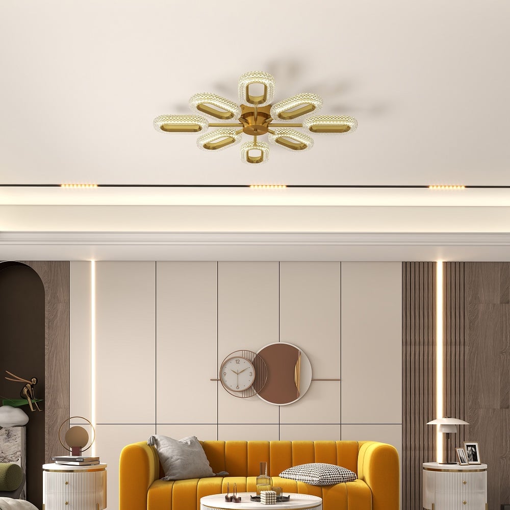 HMR - Ovated Brass Semi Flush Mount Light 8-Light LED Ceiling Light Ring Light Fixture in Gold
