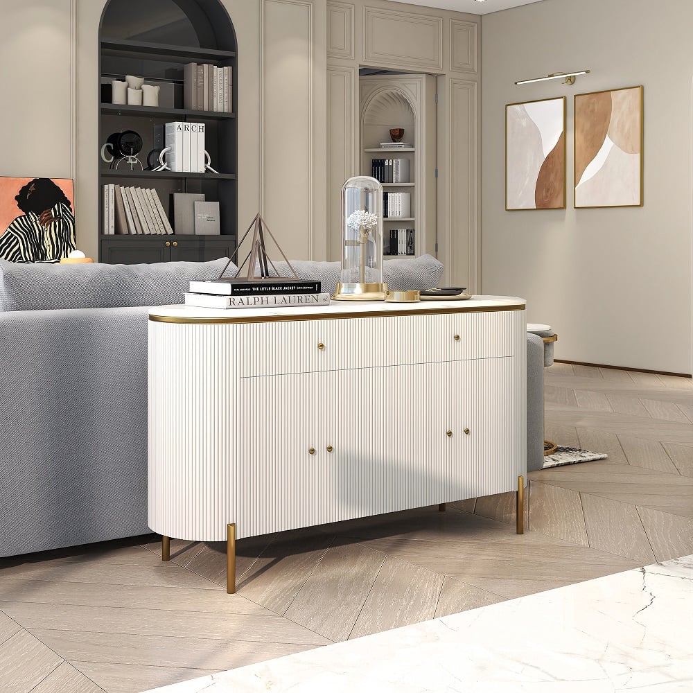 HMR - Yelly 55.1" Modern Marble Top Buffet & Sideboard Doors & Drawers & Shelves