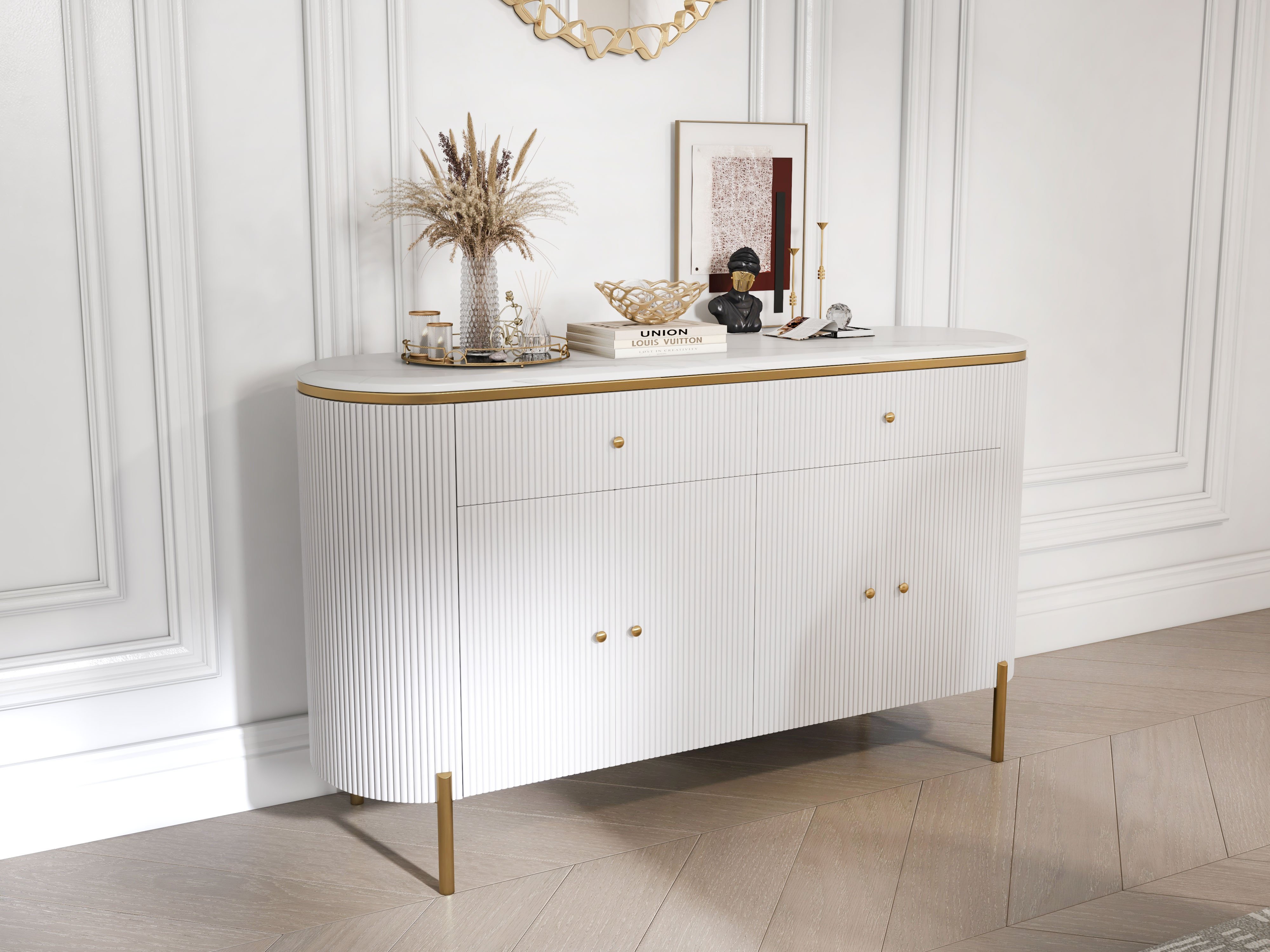HMR - Yelly 55.1" Modern Marble Top Buffet & Sideboard Doors & Drawers & Shelves