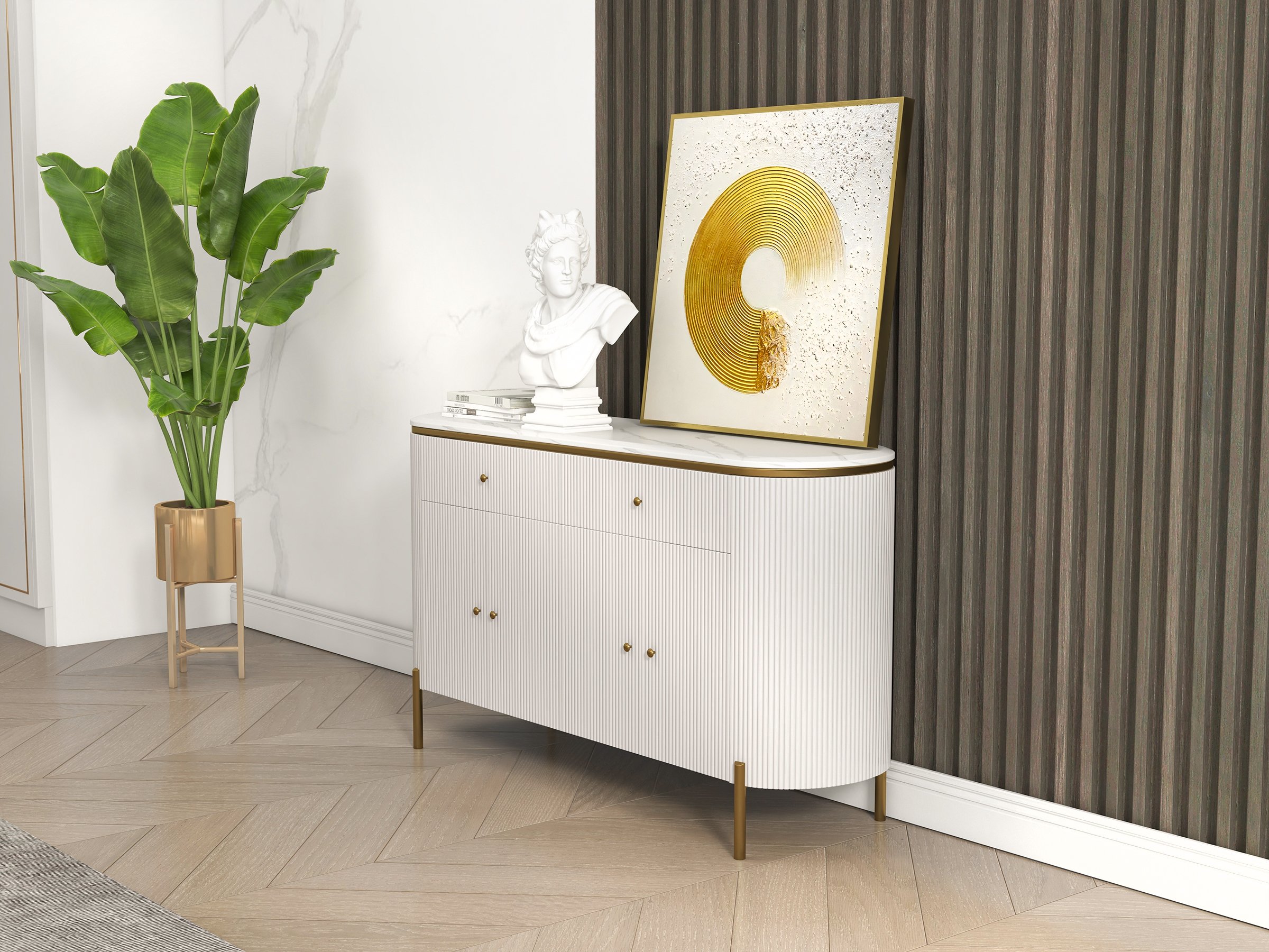 HMR - Yelly 55.1" Modern Marble Top Buffet & Sideboard Doors & Drawers & Shelves