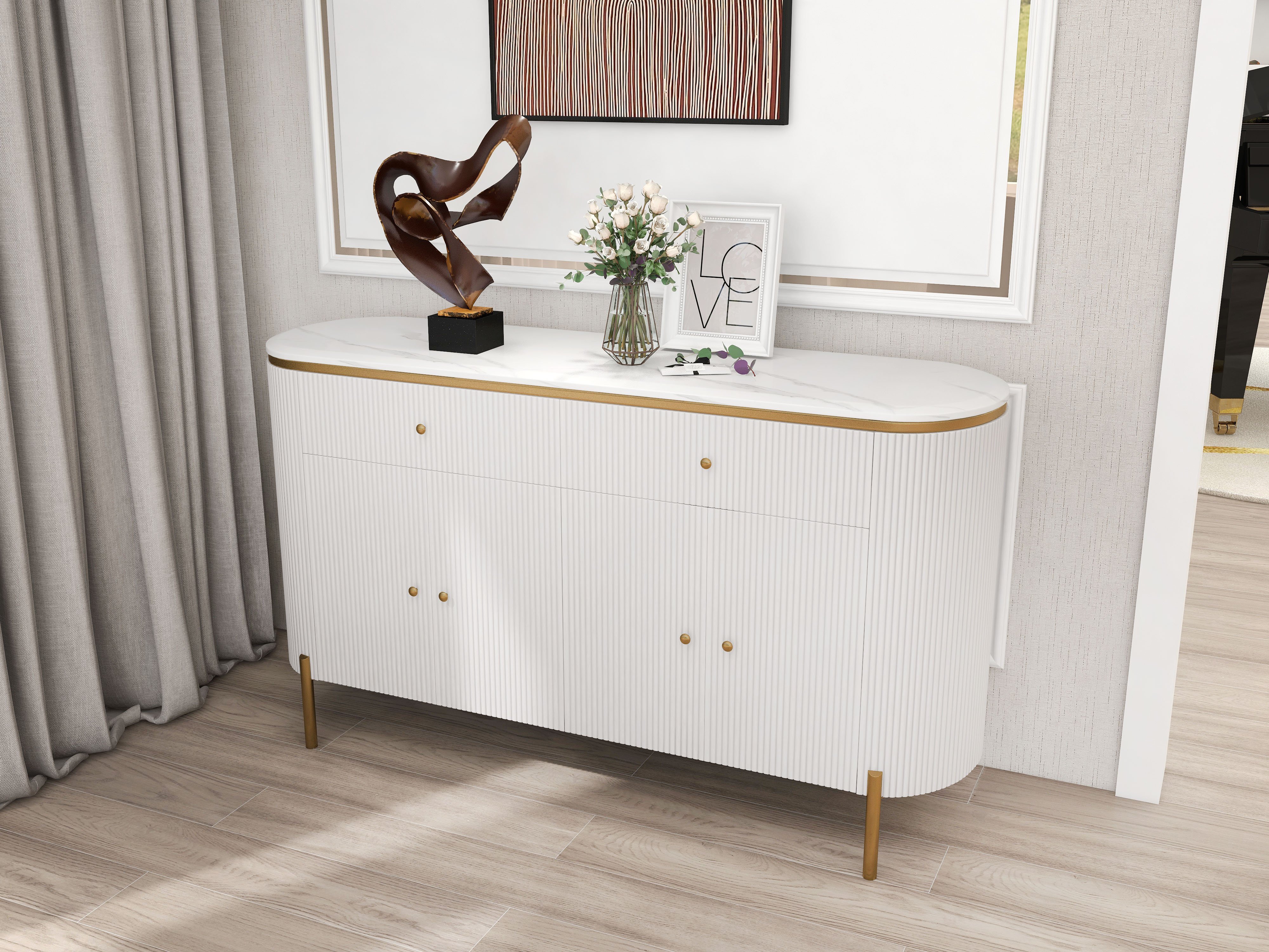 HMR - Yelly 55.1" Modern Marble Top Buffet & Sideboard Doors & Drawers & Shelves