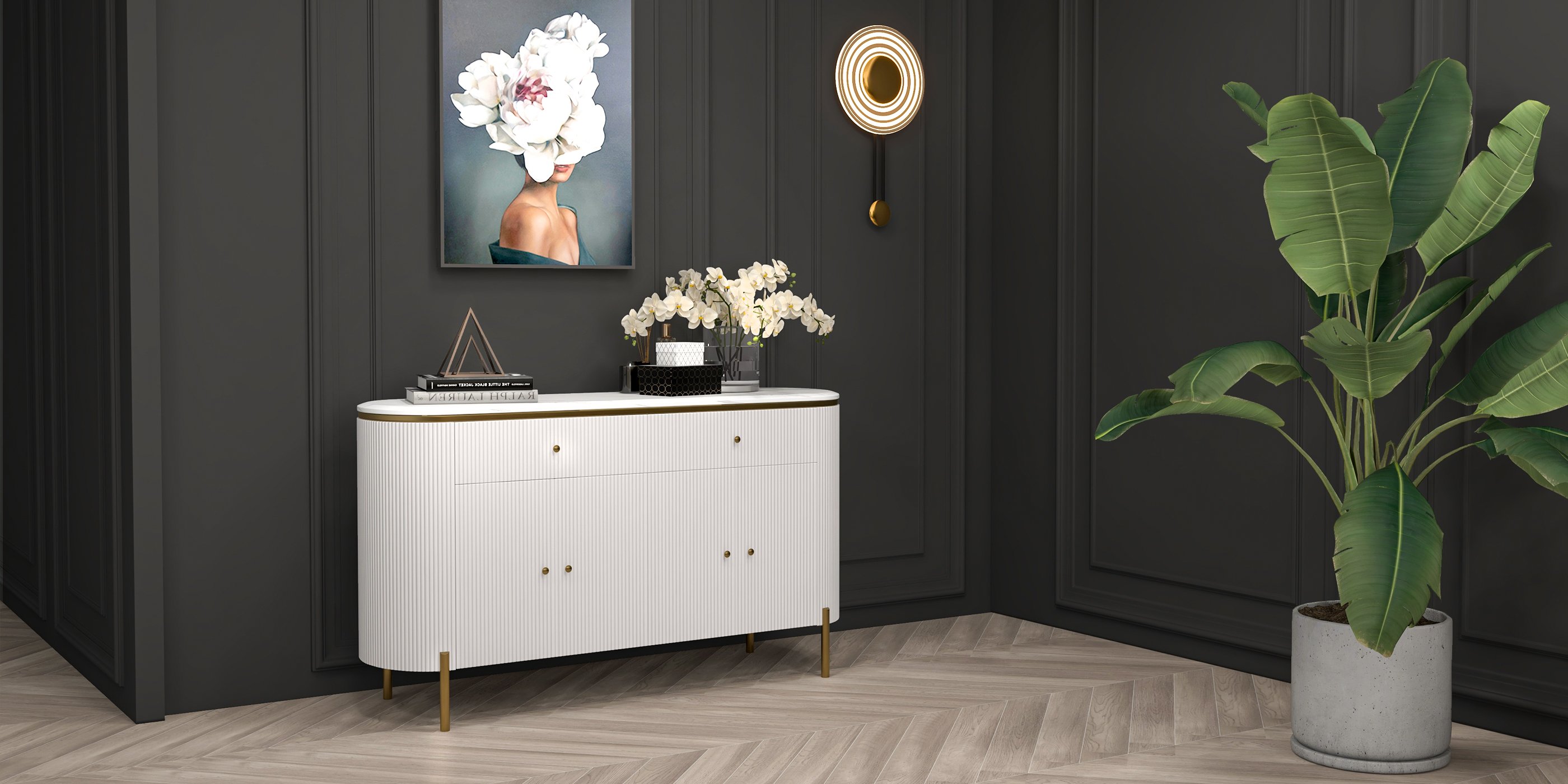 HMR - Yelly 55.1" Modern Marble Top Buffet & Sideboard Doors & Drawers & Shelves
