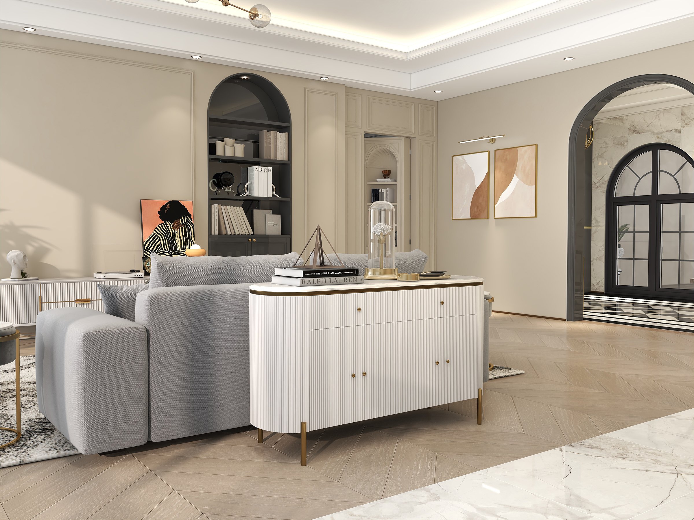 HMR - Yelly 55.1" Modern Marble Top Buffet & Sideboard Doors & Drawers & Shelves
