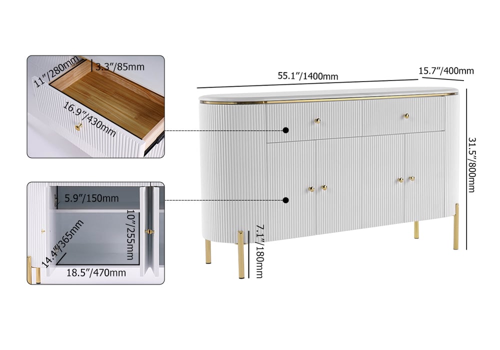 HMR - Yelly 55.1" Modern Marble Top Buffet & Sideboard Doors & Drawers & Shelves