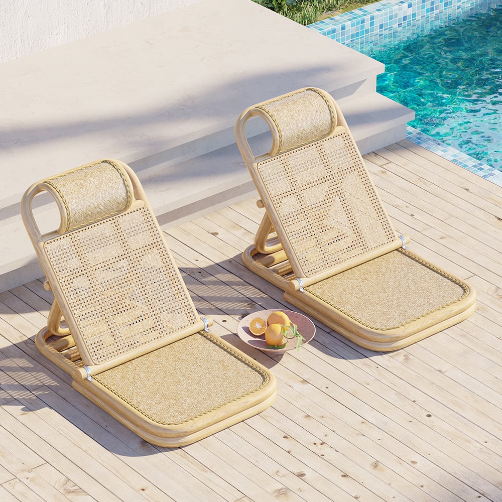 HMR - Scandinavian Rattan & Wood Outdoor Long Reclining Chaise Patio Lounge Chair in Natural