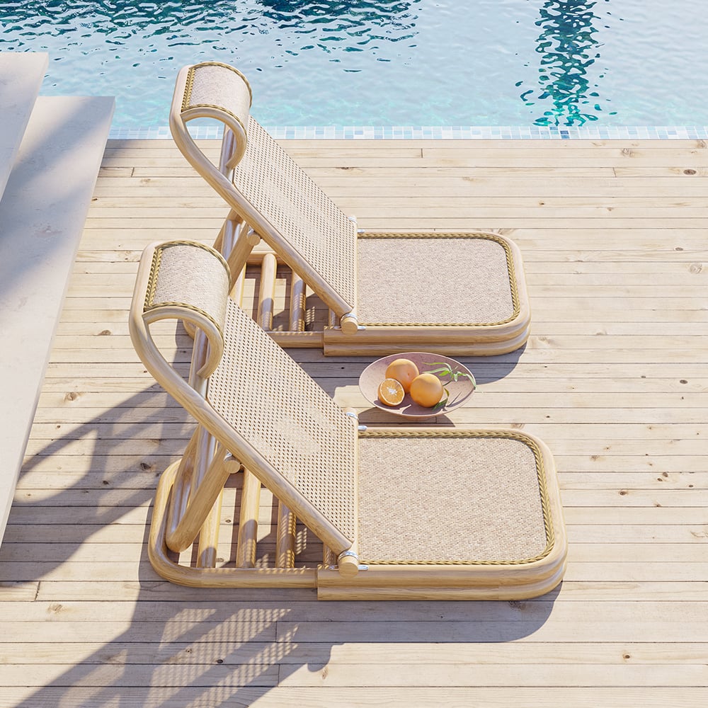 HMR - Scandinavian Rattan & Wood Outdoor Long Reclining Chaise Patio Lounge Chair in Natural