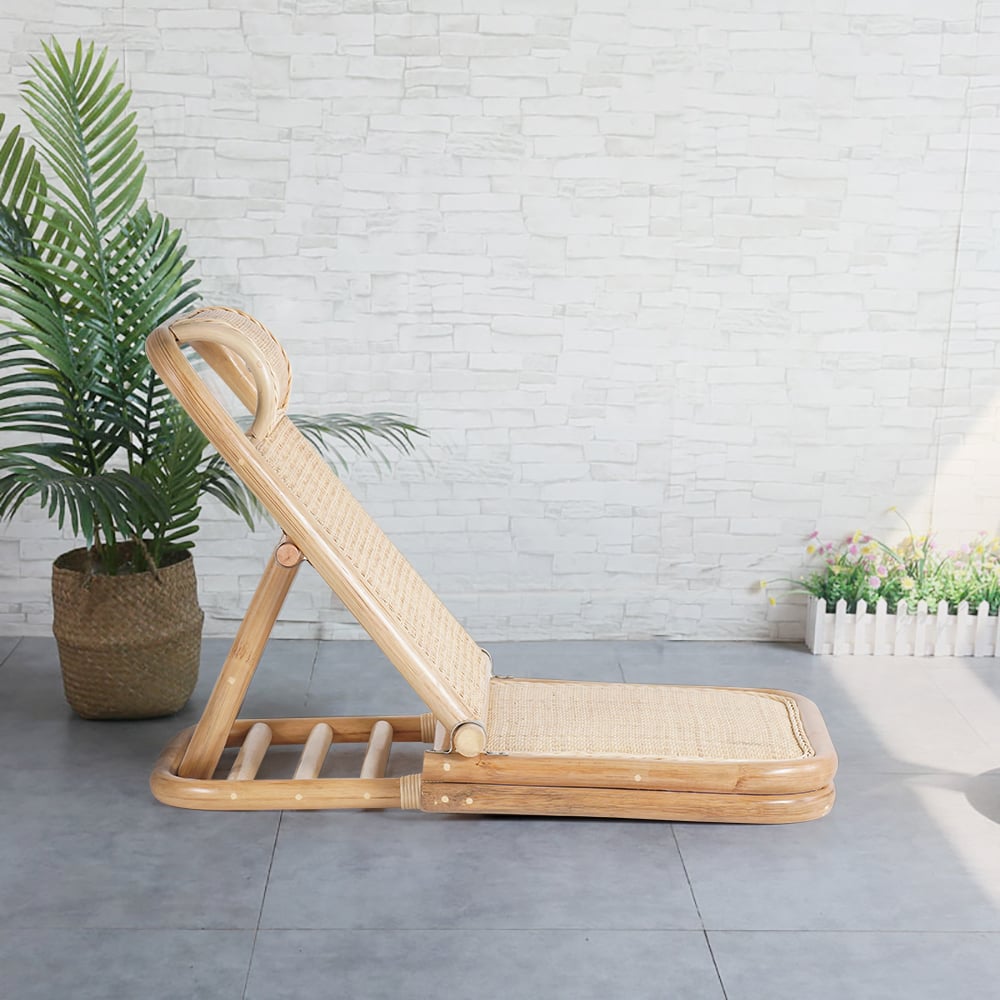 HMR - Scandinavian Rattan & Wood Outdoor Long Reclining Chaise Patio Lounge Chair in Natural