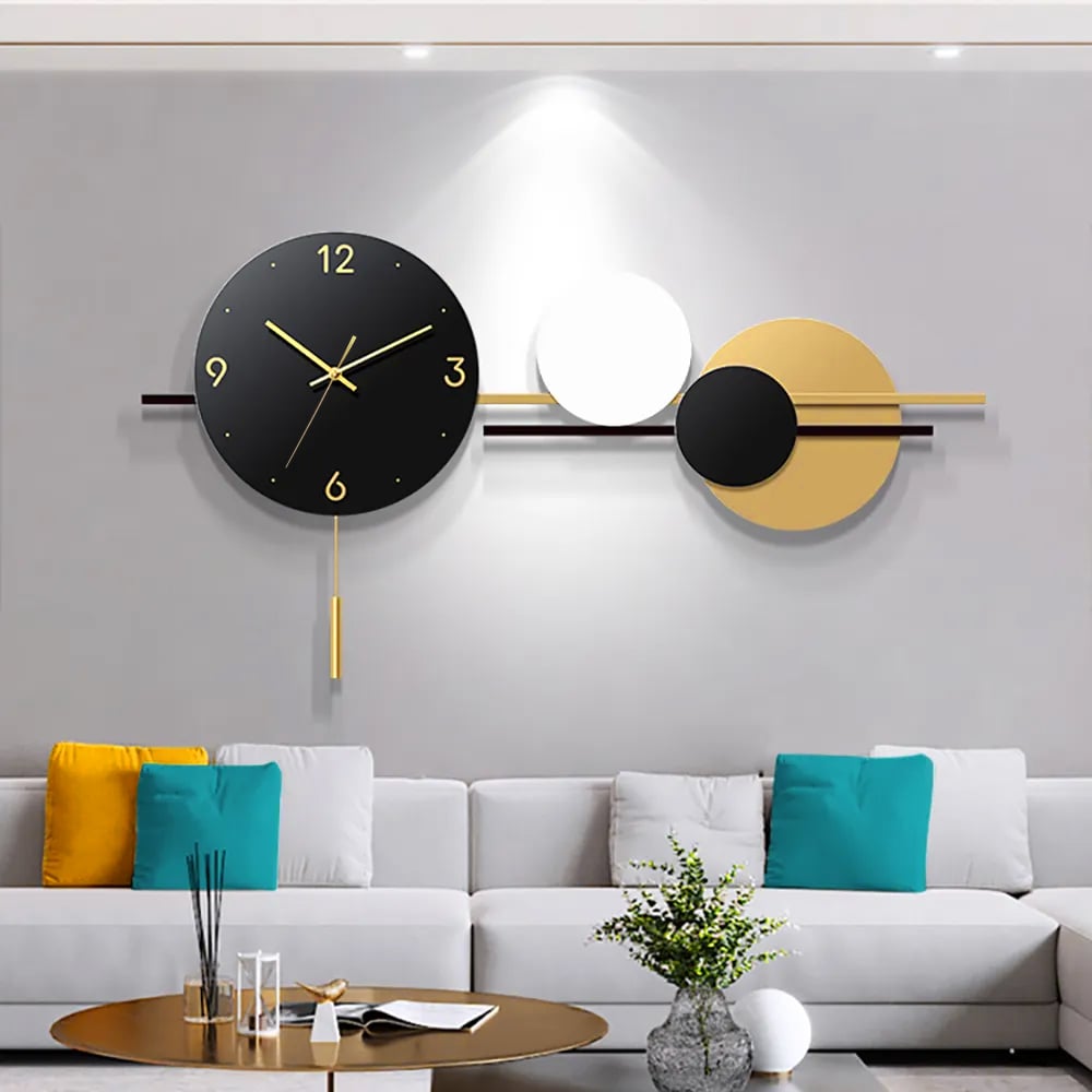 HMR - Geometric Round Digital Large Wall Clock Oversized in Black/White/Yellow