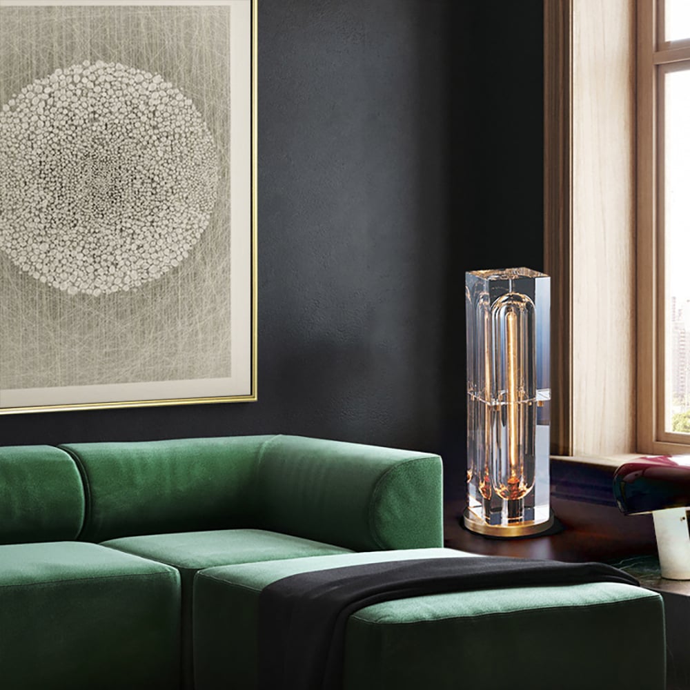 HMR - Postmodern 1-Light Crystal Table Lamp with On / Off Switch in Antique Brass