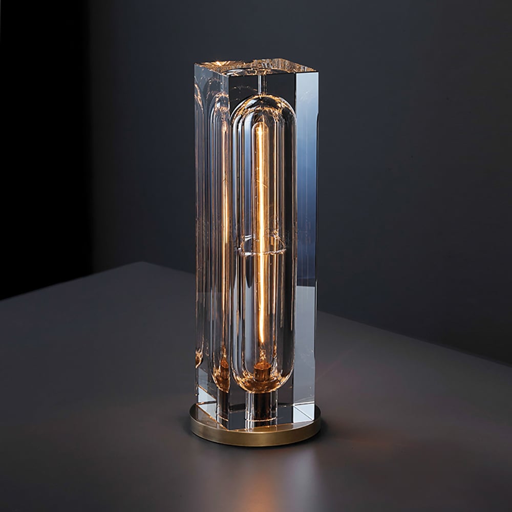 HMR - Postmodern 1-Light Crystal Table Lamp with On / Off Switch in Antique Brass