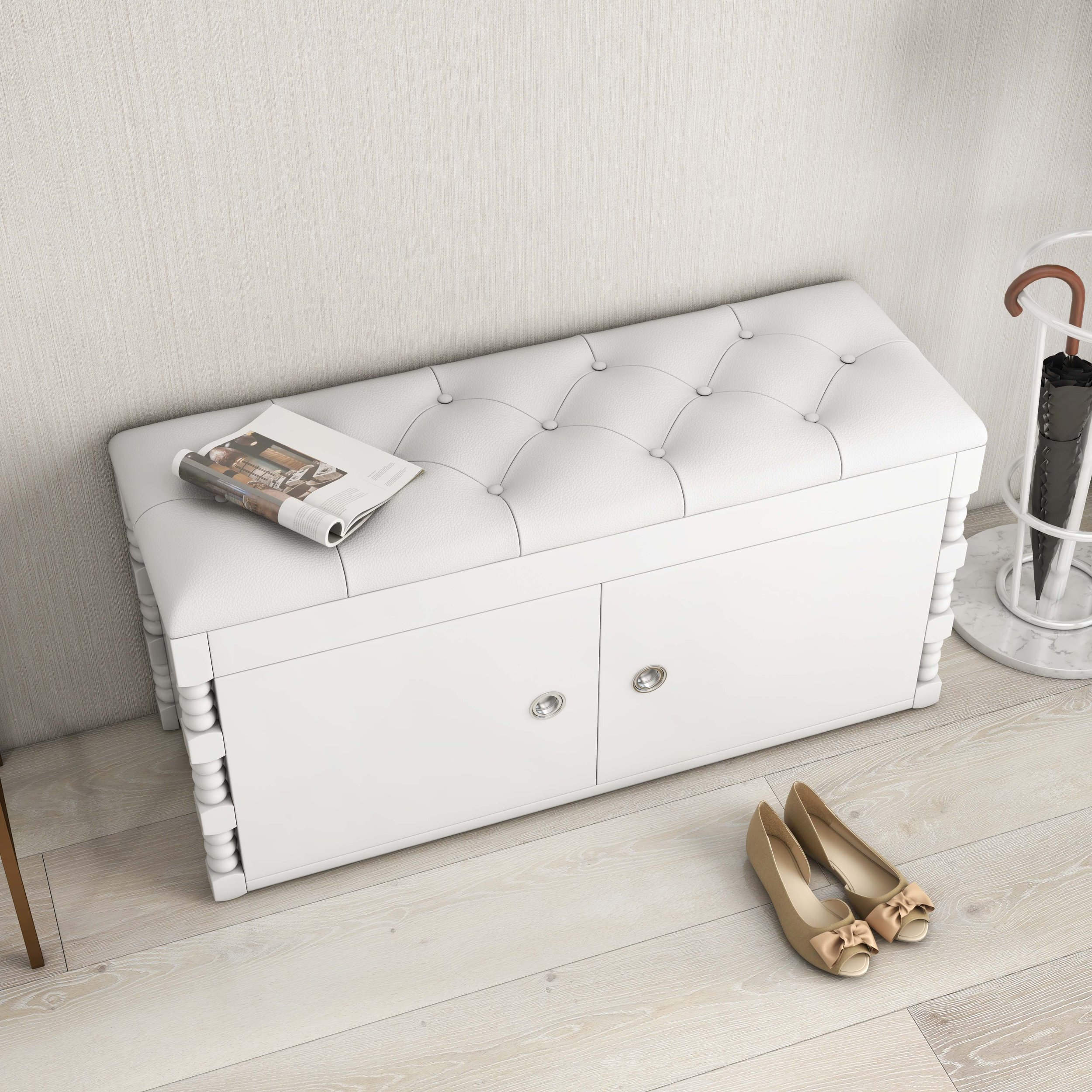 HMR - White Entryway Bench with Shoe Storage Leather Upholstered