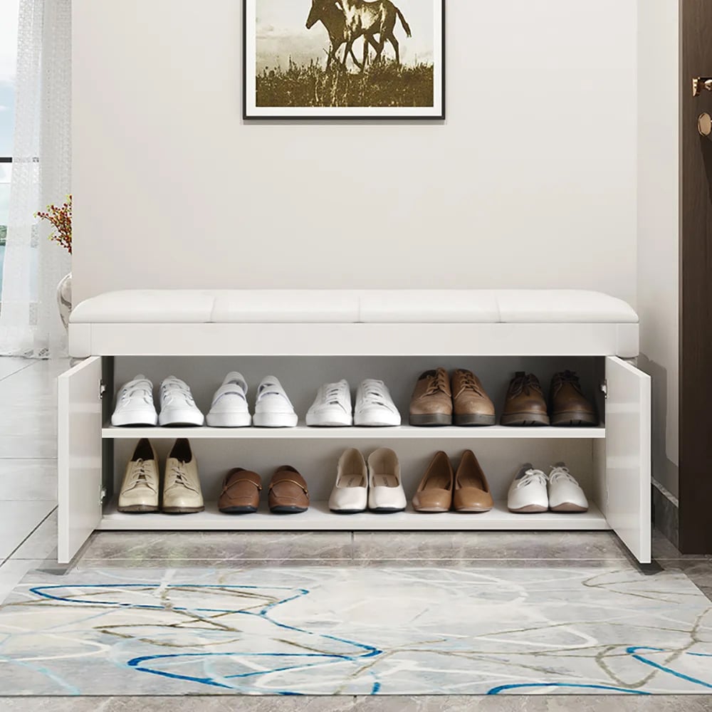 HMR - White Entryway Bench with Shoe Storage Leather Upholstered