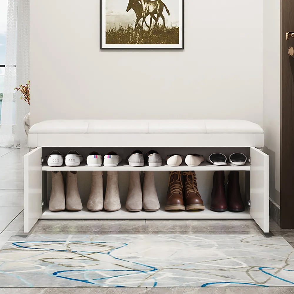 HMR - White Entryway Bench with Shoe Storage Leather Upholstered