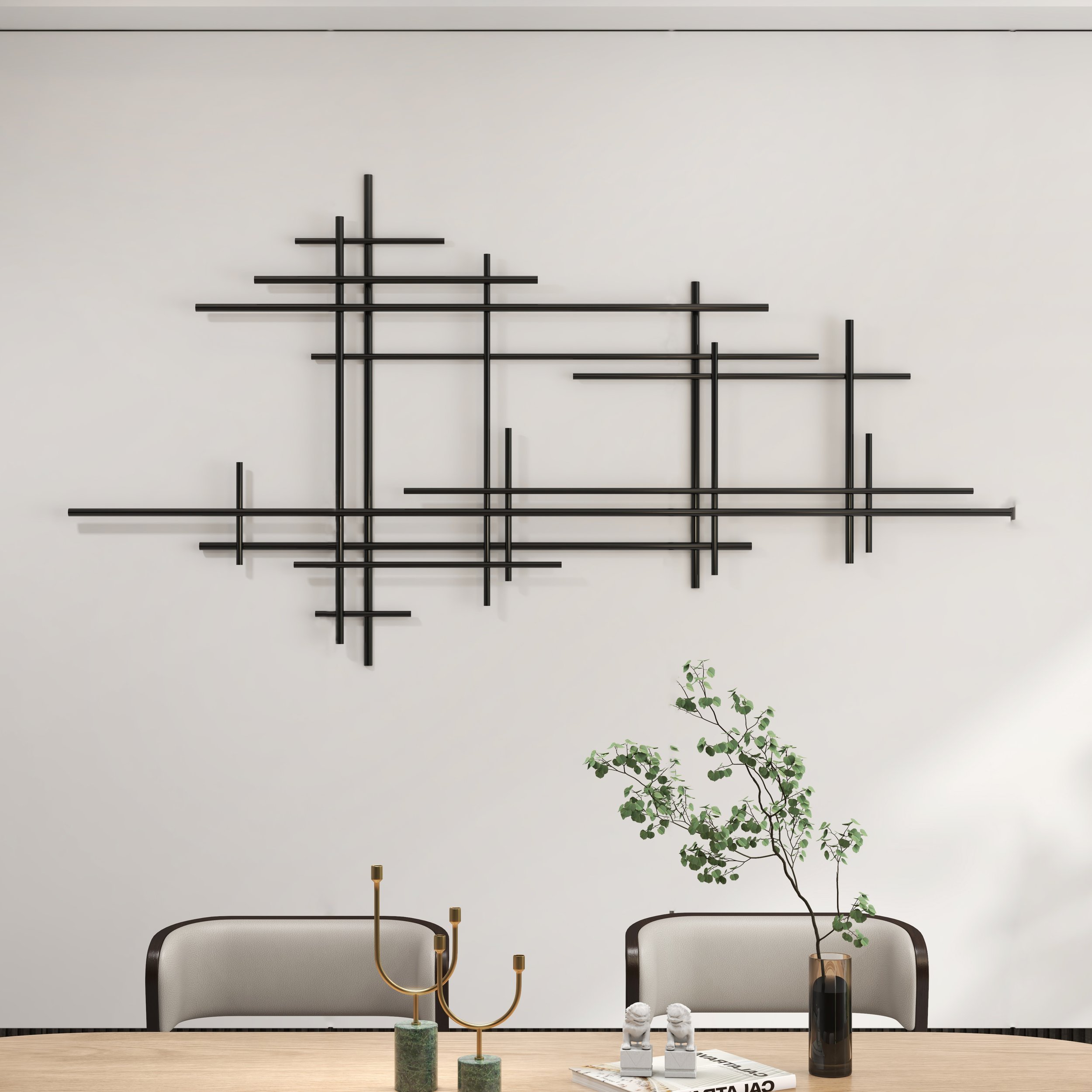 HMR - 39" Minimalist Black Metal Wall Decor with Vertical Lines for Living Room,Office,Hotel