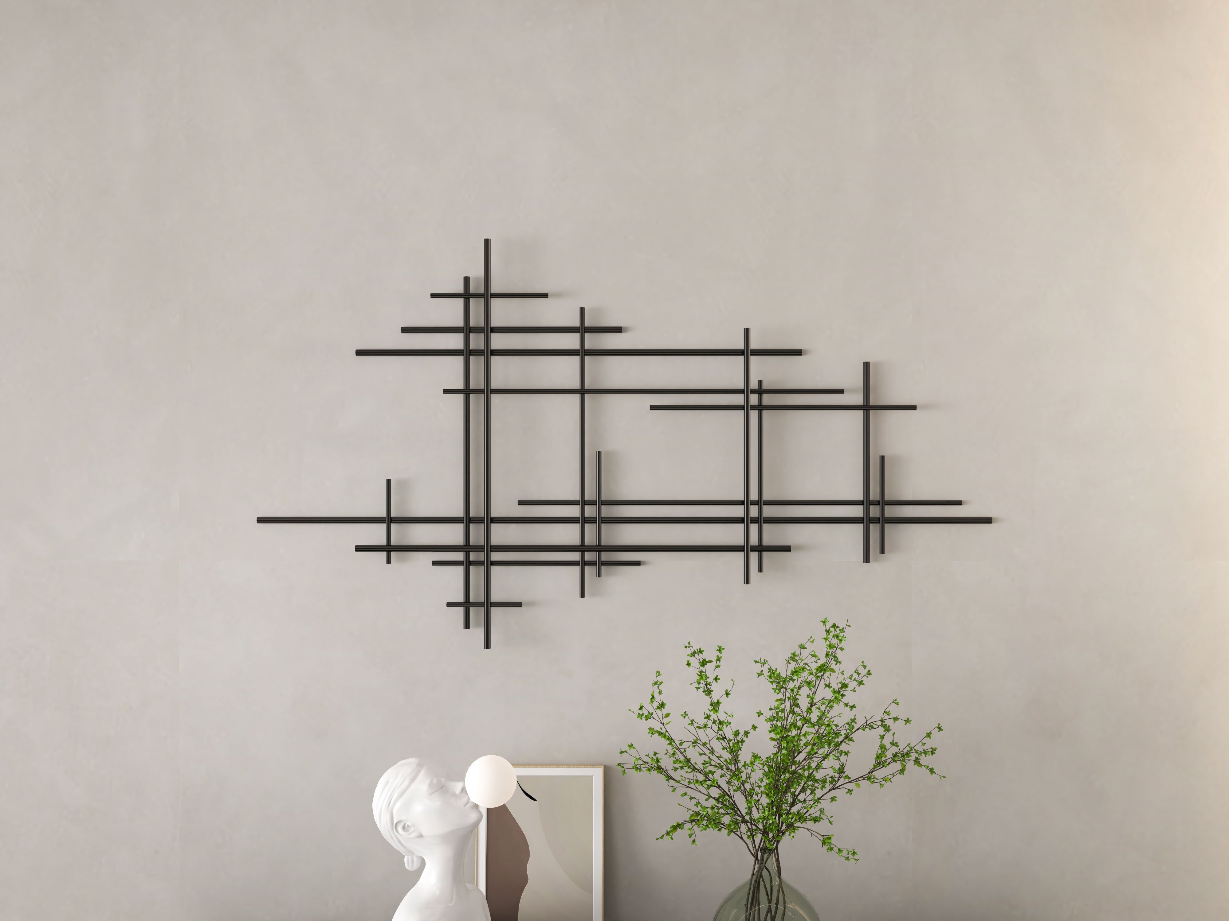 HMR - 39" Minimalist Black Metal Wall Decor with Vertical Lines for Living Room,Office,Hotel