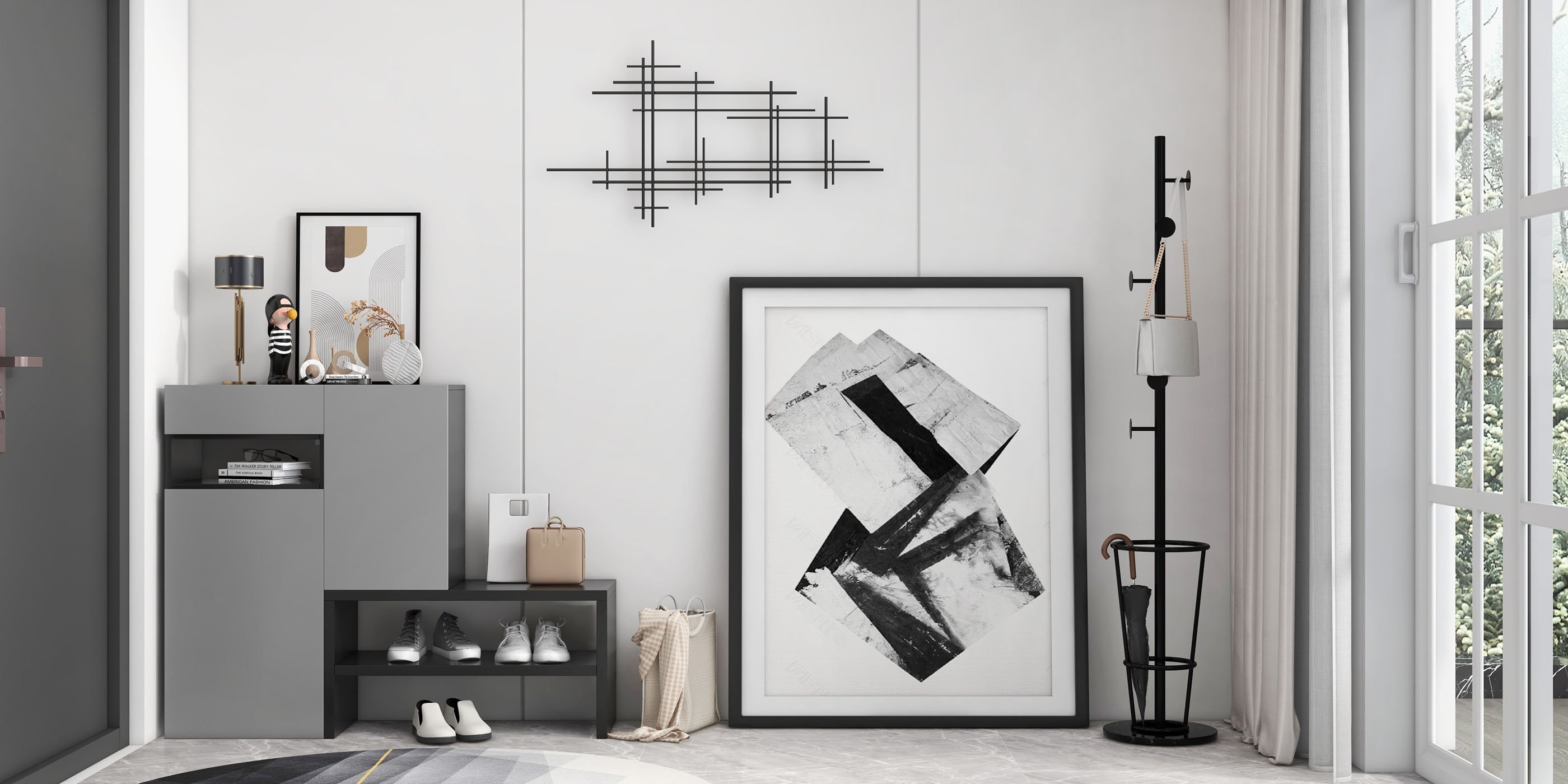 HMR - 39" Minimalist Black Metal Wall Decor with Vertical Lines for Living Room,Office,Hotel