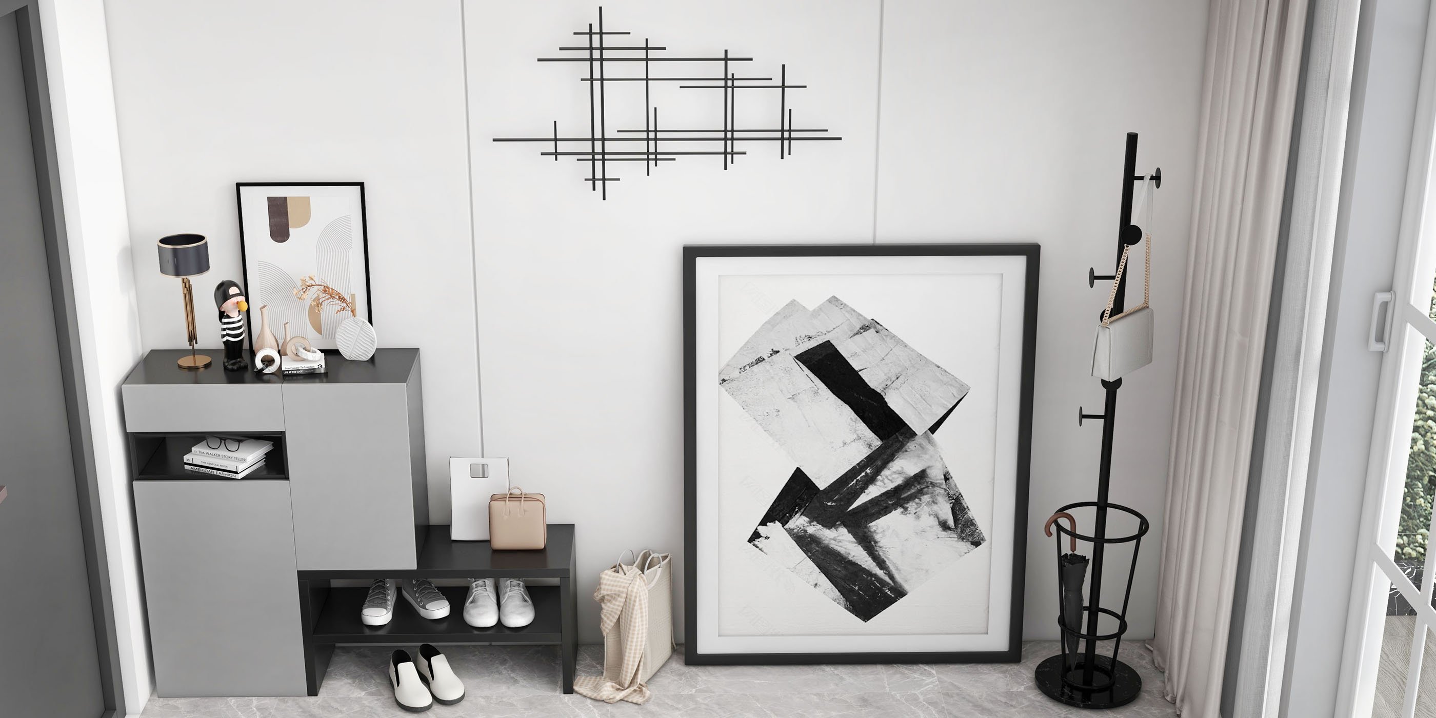 HMR - 39" Minimalist Black Metal Wall Decor with Vertical Lines for Living Room,Office,Hotel