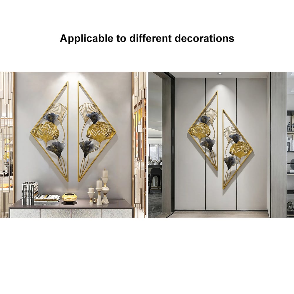 HMR - 2 Pieces Triangular Wall Hollow-out Ginkgo Leaves Floral Art in Metal
