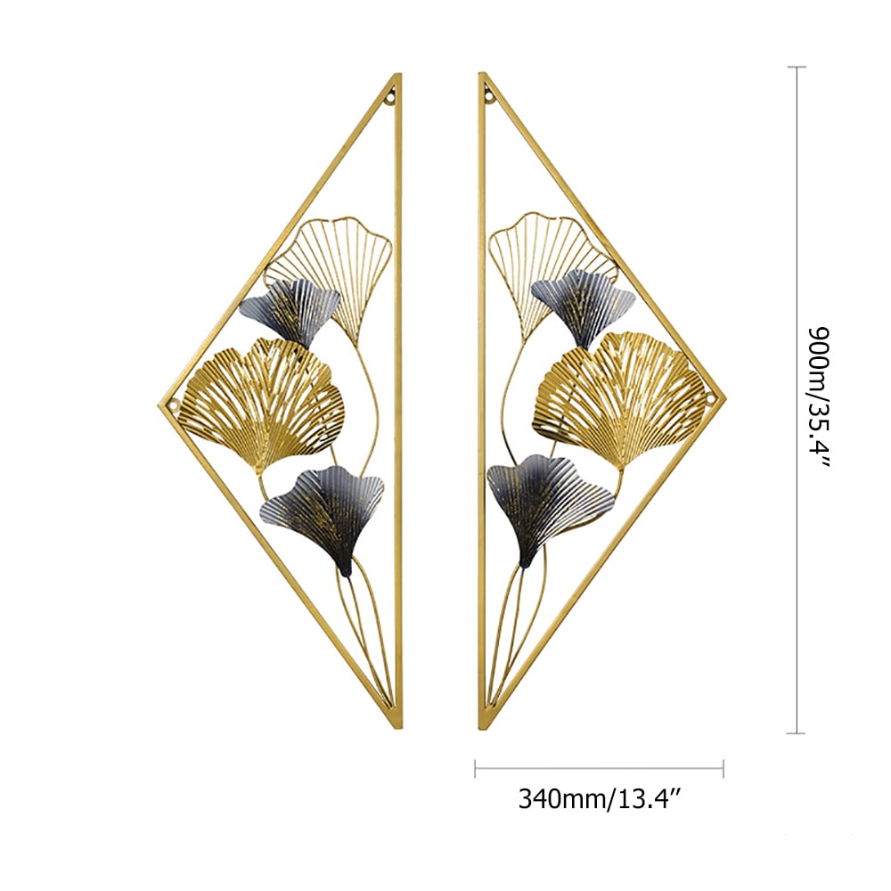 HMR - 2 Pieces Triangular Wall Hollow-out Ginkgo Leaves Floral Art in Metal