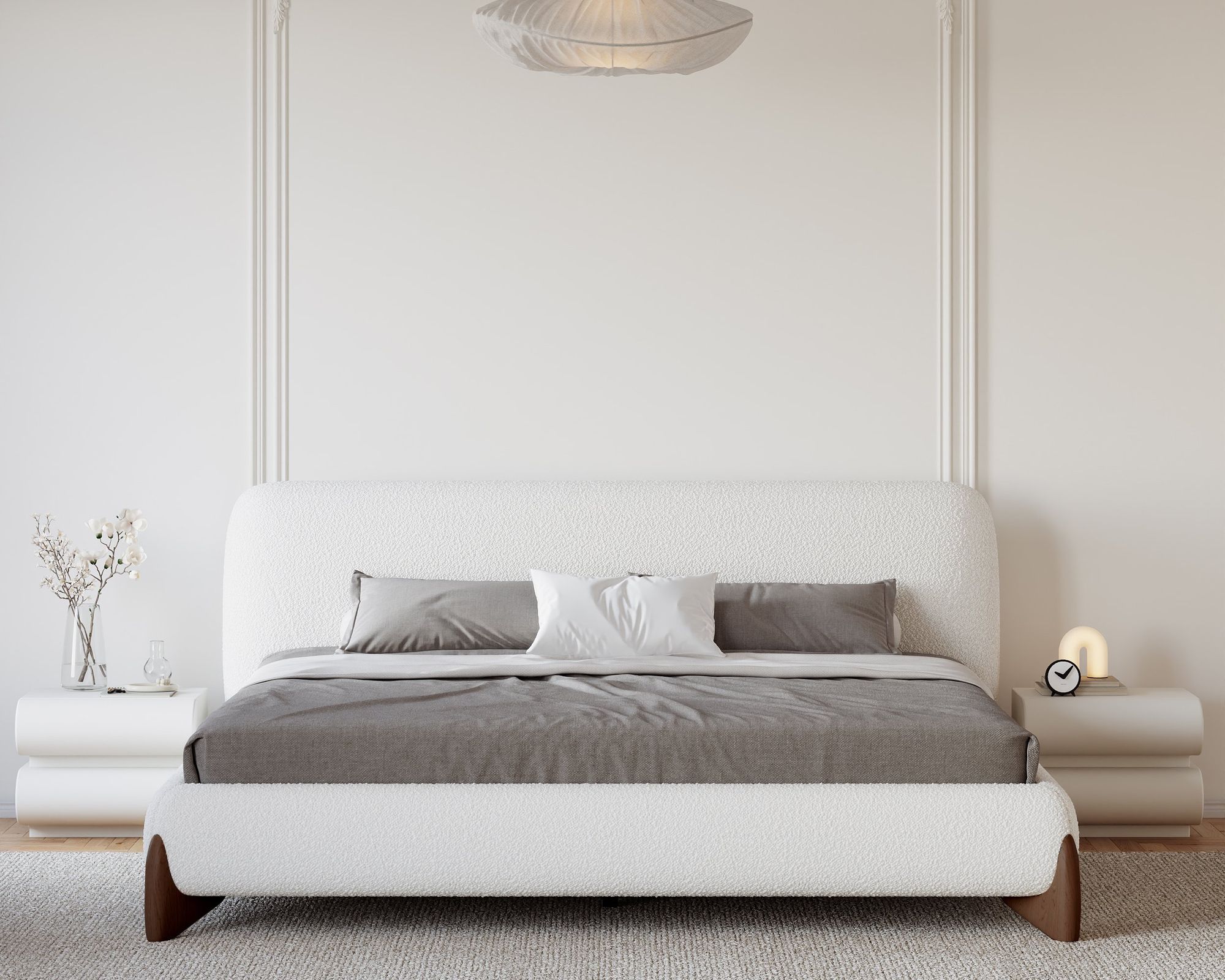HMR Curva Boucle King Upholstered Platform Bed with Walnut Legs - White, 76"W x 80"L, Walnut