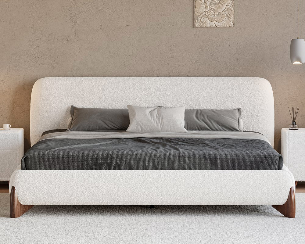HMR Curva Boucle King Upholstered Platform Bed with Walnut Legs - White, 76"W x 80"L, Walnut