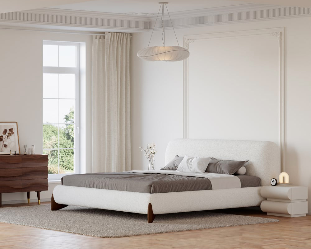 HMR Curva Boucle King Upholstered Platform Bed with Walnut Legs - White, 76"W x 80"L, Walnut