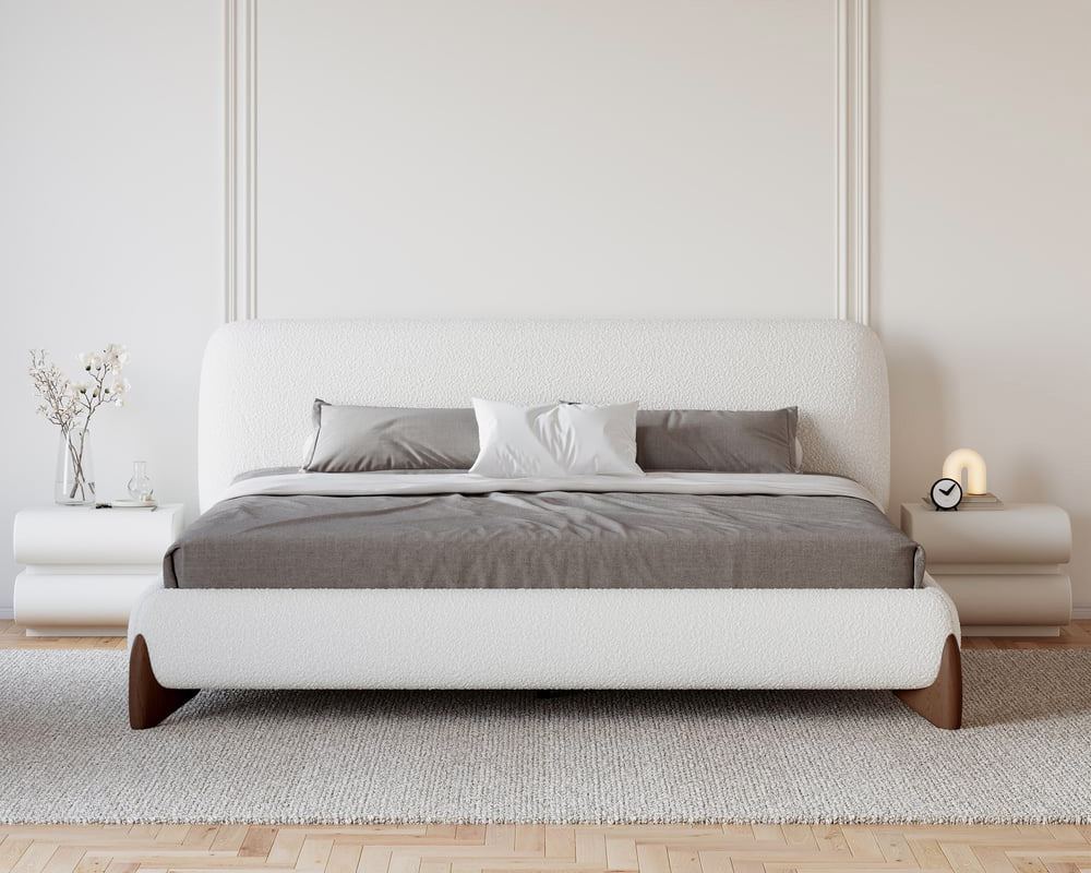HMR Curva Boucle King Upholstered Platform Bed with Walnut Legs - White, 76"W x 80"L, Walnut
