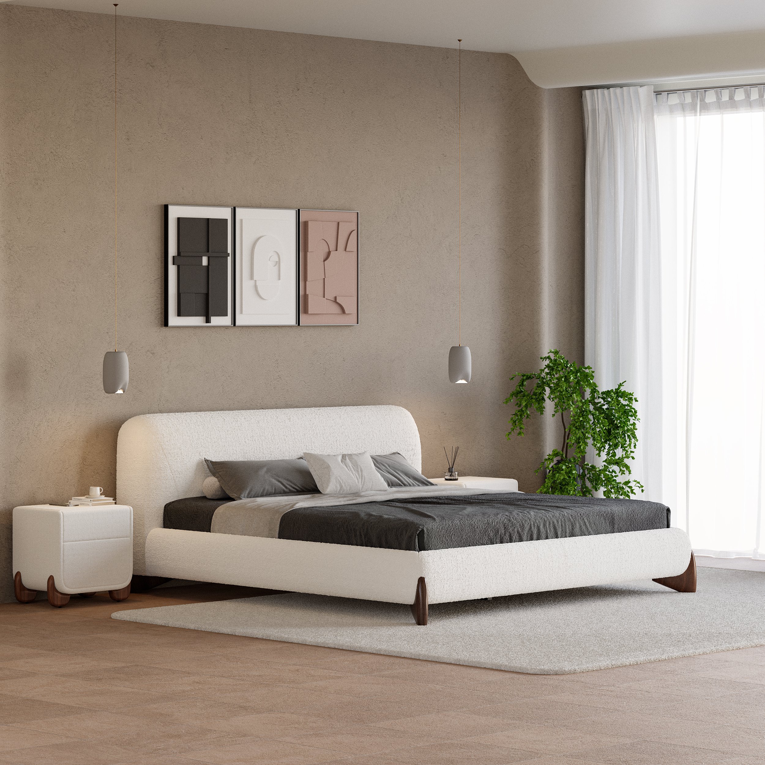 HMR Curva Boucle King Upholstered Platform Bed with Walnut Legs - White, 76"W x 80"L, Walnut