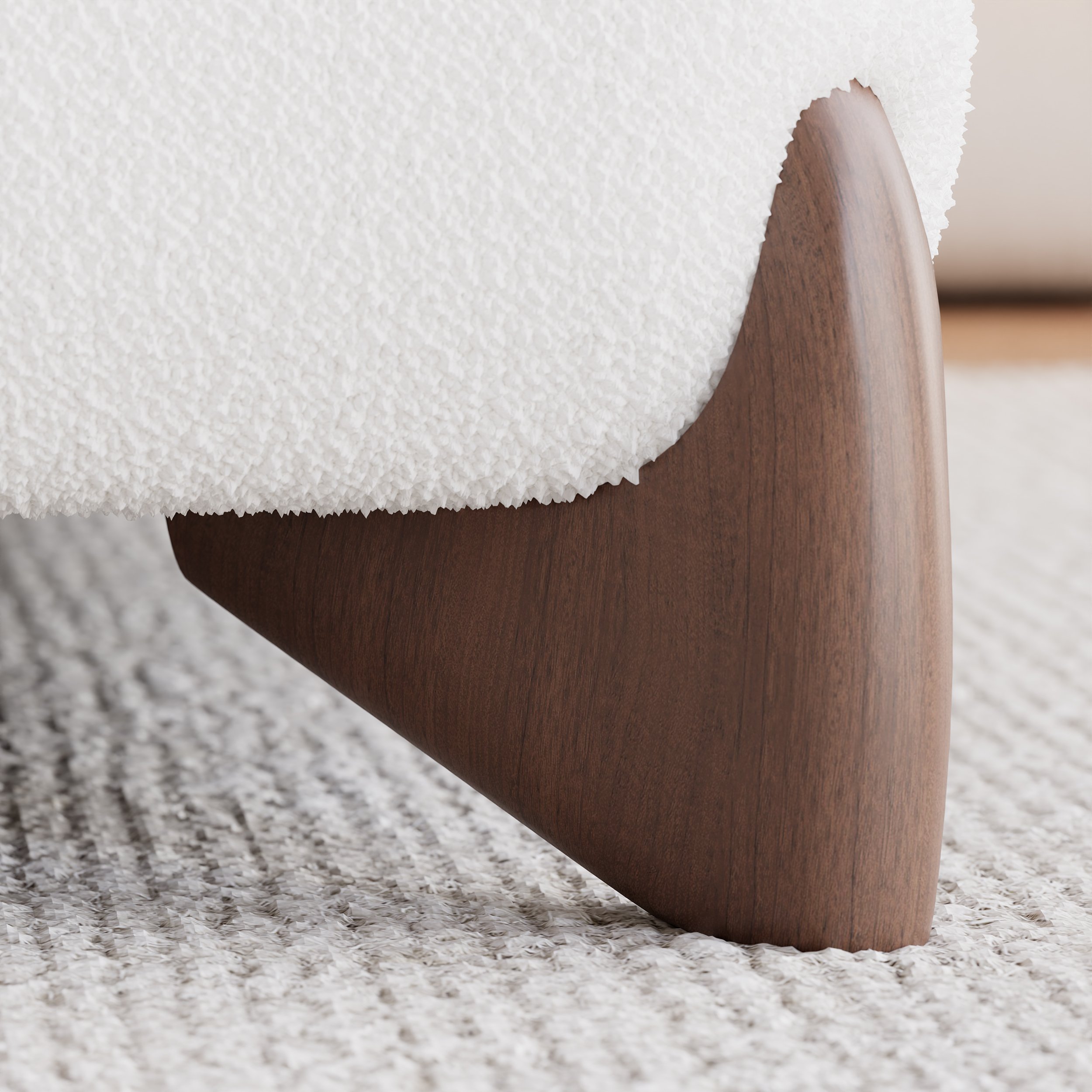 HMR Curva Boucle King Upholstered Platform Bed with Walnut Legs - White, 76"W x 80"L, Walnut
