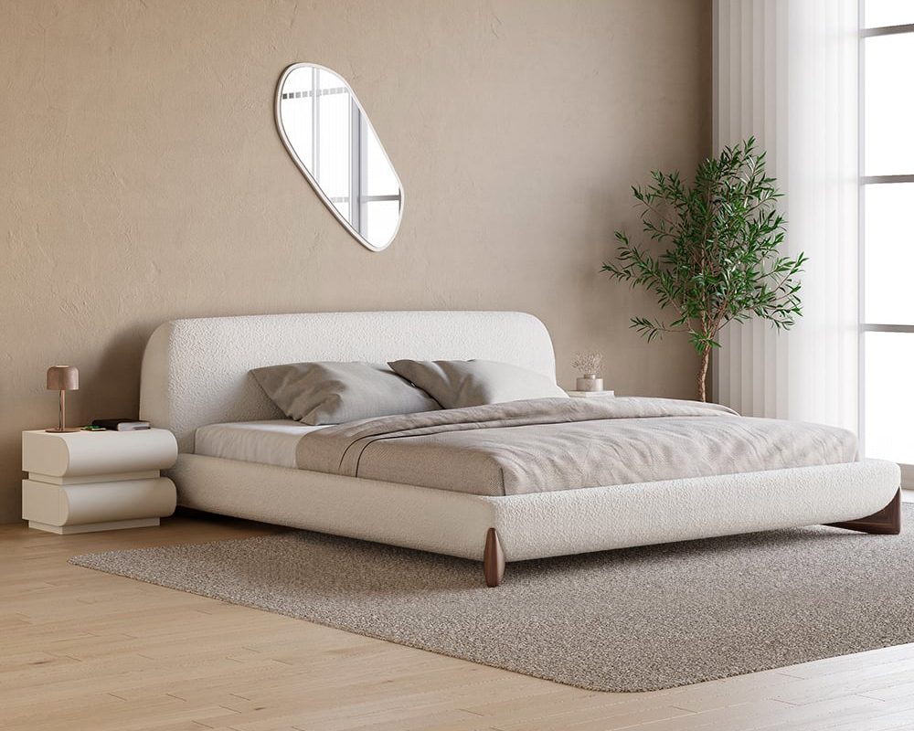 HMR Curva Boucle King Upholstered Platform Bed with Walnut Legs - White, 76"W x 80"L, Walnut