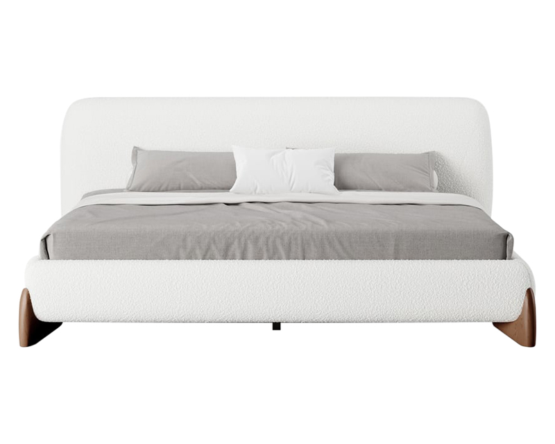 HMR Curva Boucle King Upholstered Platform Bed with Walnut Legs - White, 76"W x 80"L, Walnut