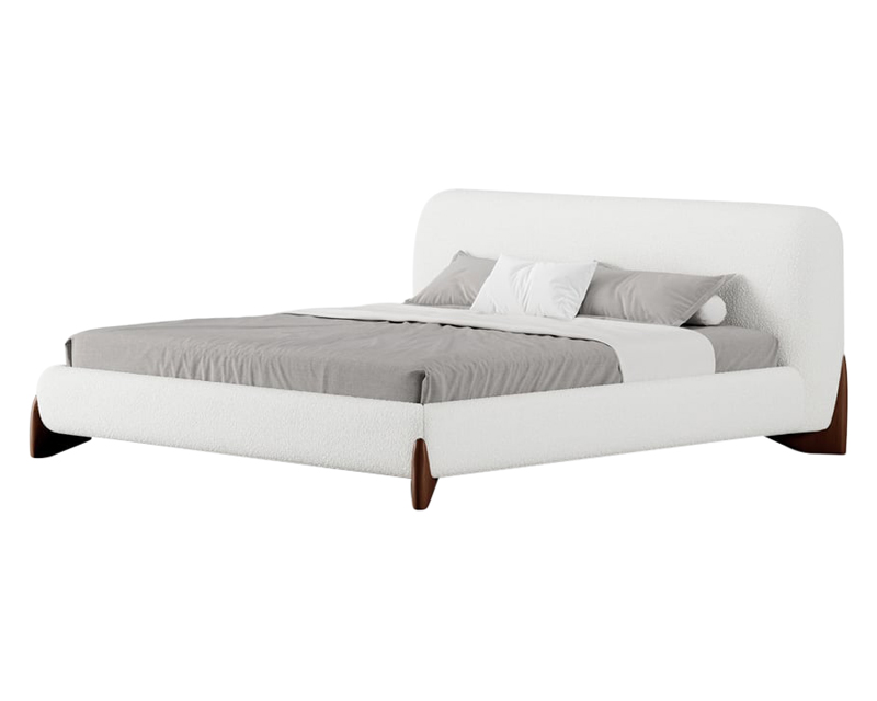 HMR Curva Boucle King Upholstered Platform Bed with Walnut Legs - White, 76"W x 80"L, Walnut