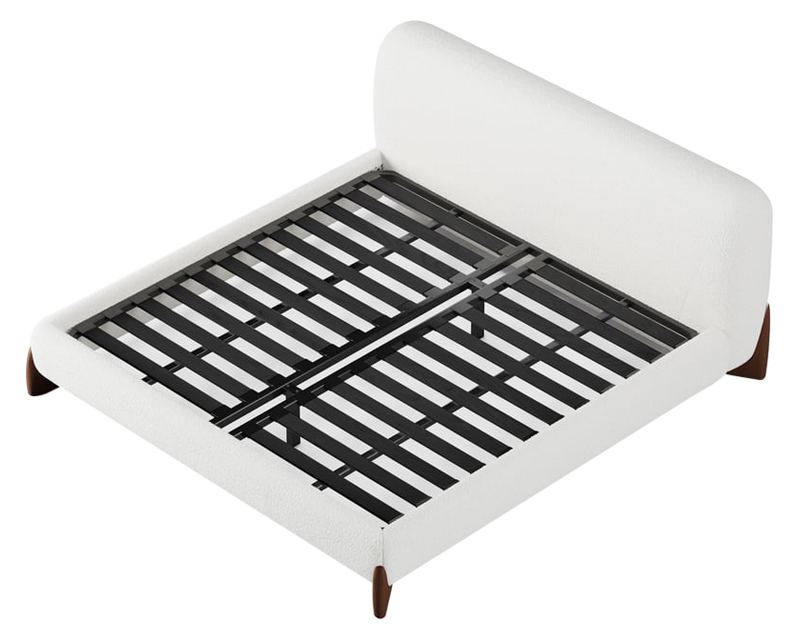 HMR Curva Boucle King Upholstered Platform Bed with Walnut Legs - White, 76"W x 80"L, Walnut