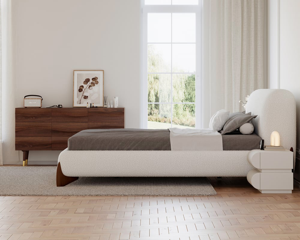 HMR Curva Boucle King Upholstered Platform Bed with Walnut Legs - White, 76"W x 80"L, Walnut