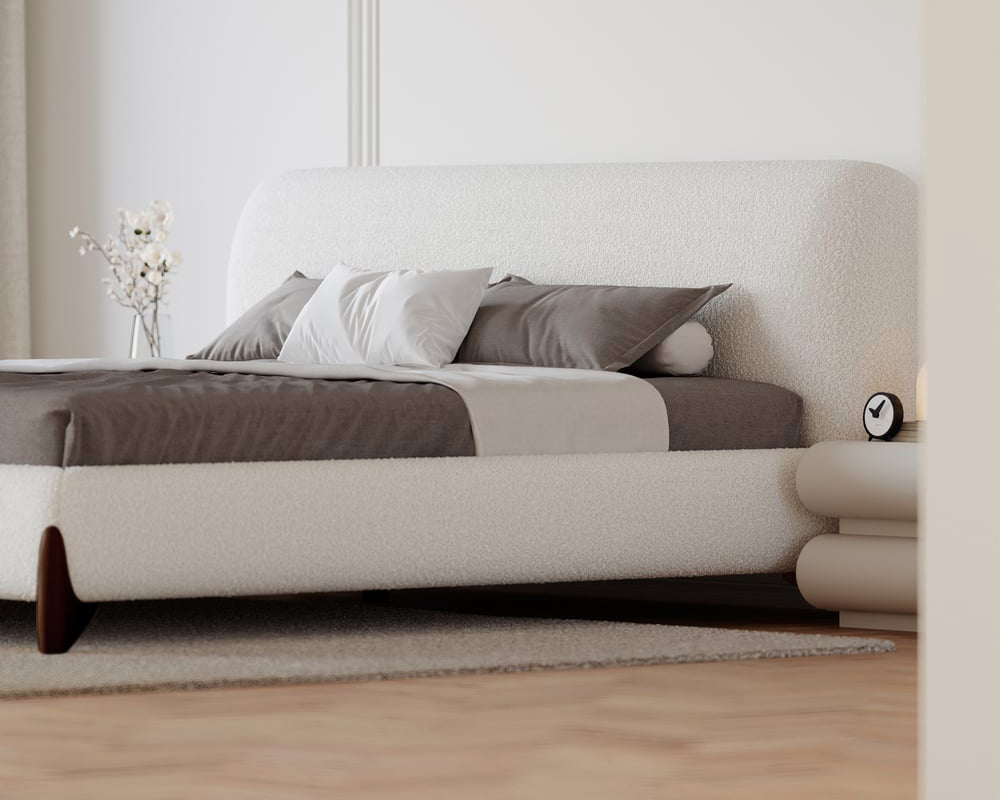 HMR Curva Boucle King Upholstered Platform Bed with Walnut Legs - White, 76"W x 80"L, Walnut