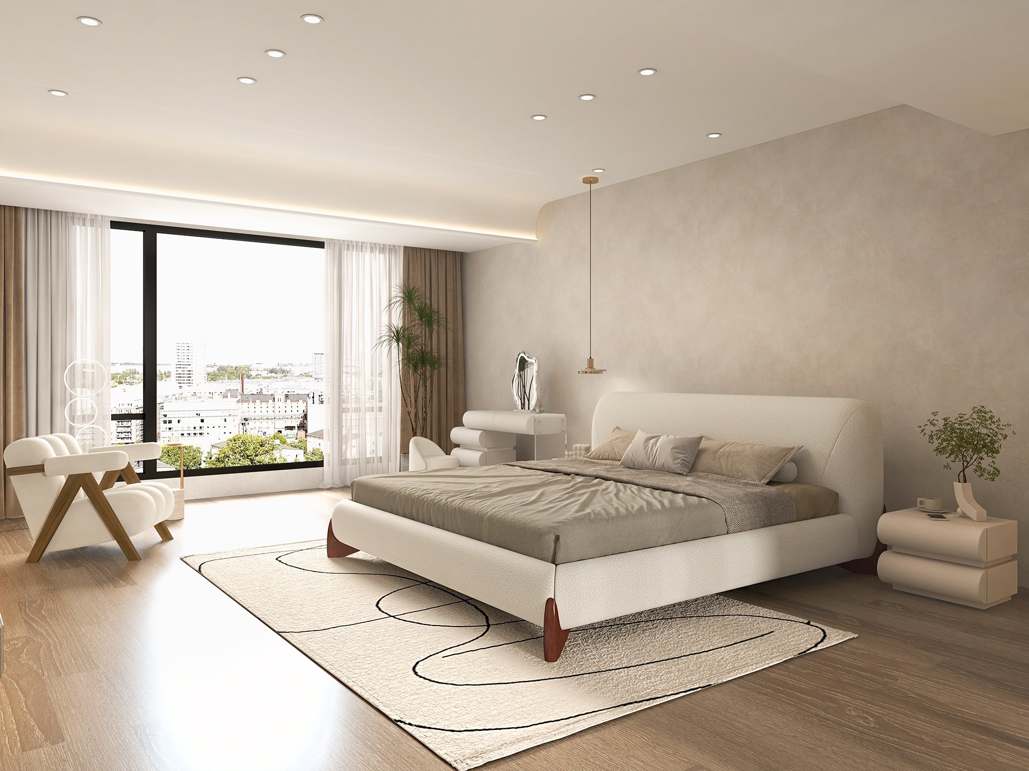 HMR Curva Boucle King Upholstered Platform Bed with Walnut Legs - White, 76"W x 80"L, Walnut