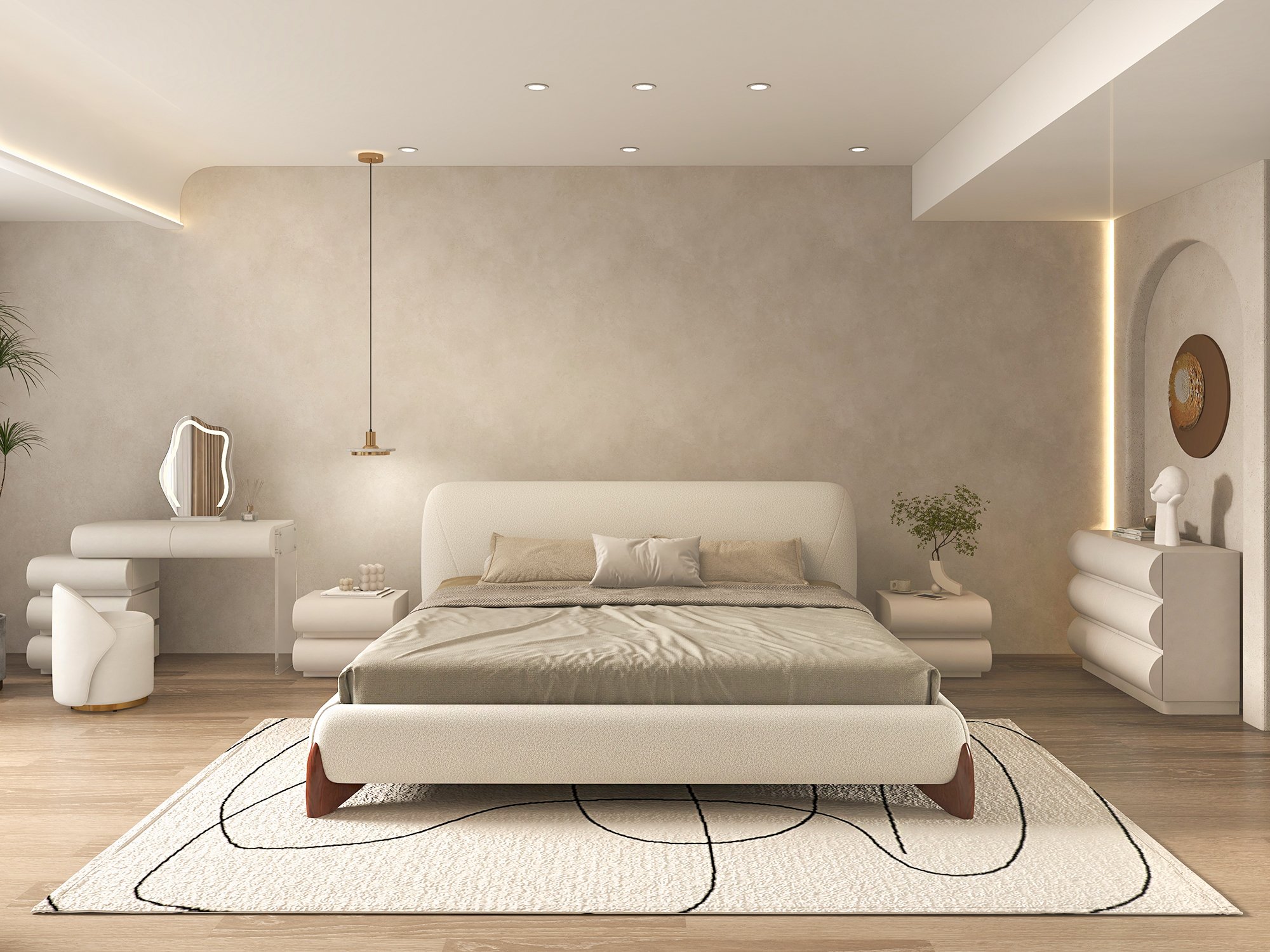 HMR Curva Boucle King Upholstered Platform Bed with Walnut Legs - White, 76"W x 80"L, Walnut