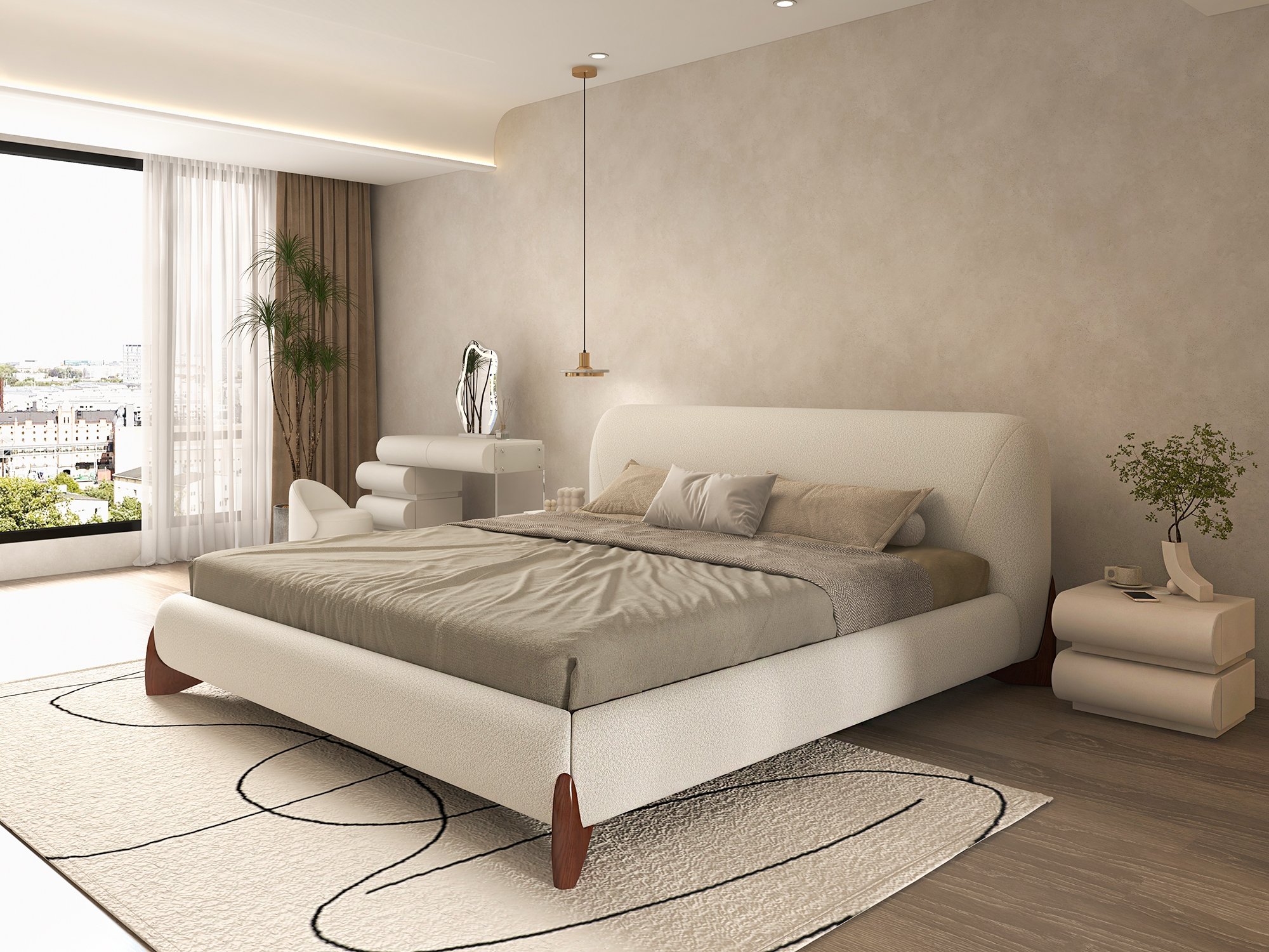 HMR Curva Boucle King Upholstered Platform Bed with Walnut Legs - White, 76"W x 80"L, Walnut