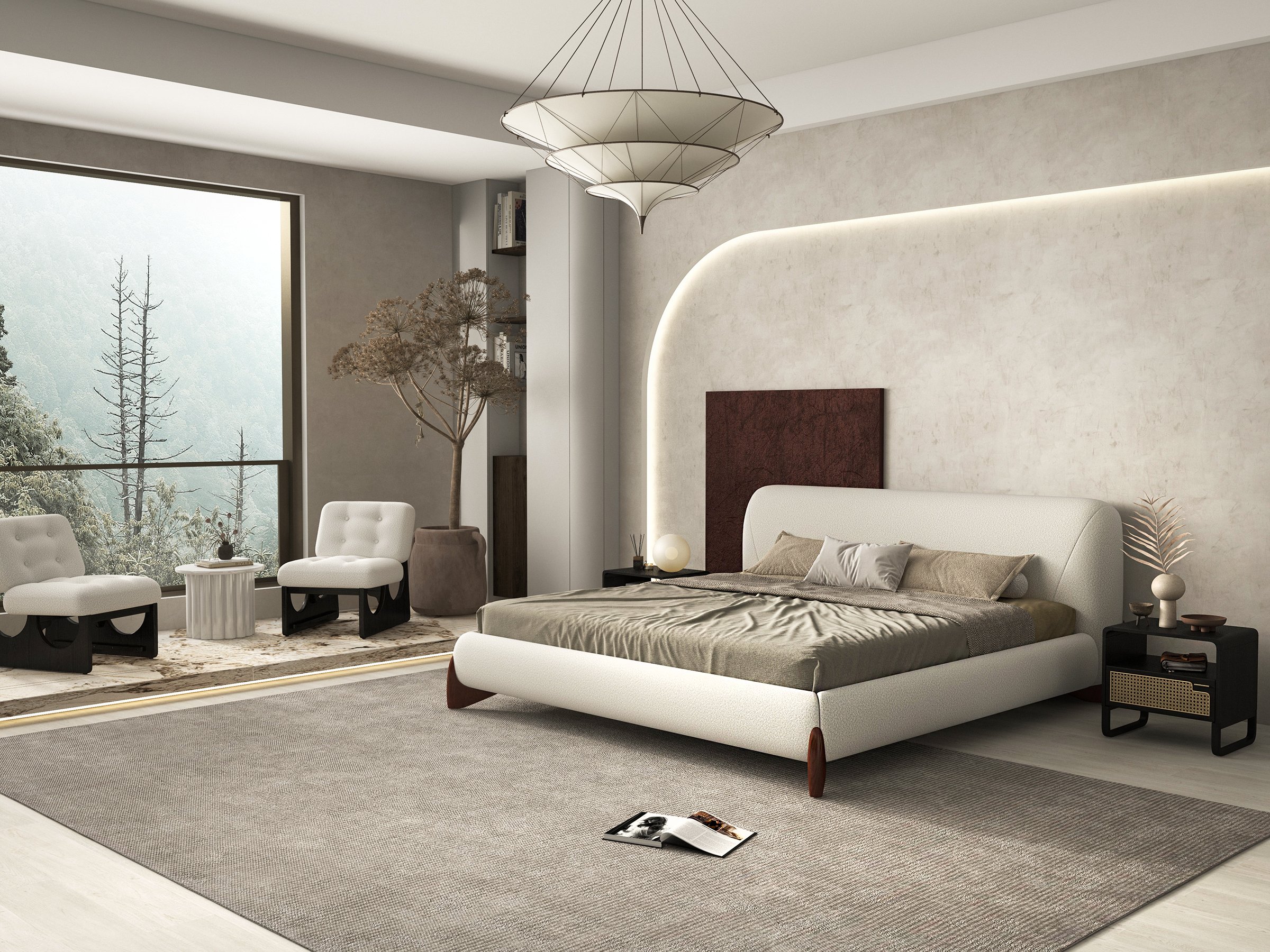 HMR Curva Boucle King Upholstered Platform Bed with Walnut Legs - White, 76"W x 80"L, Walnut